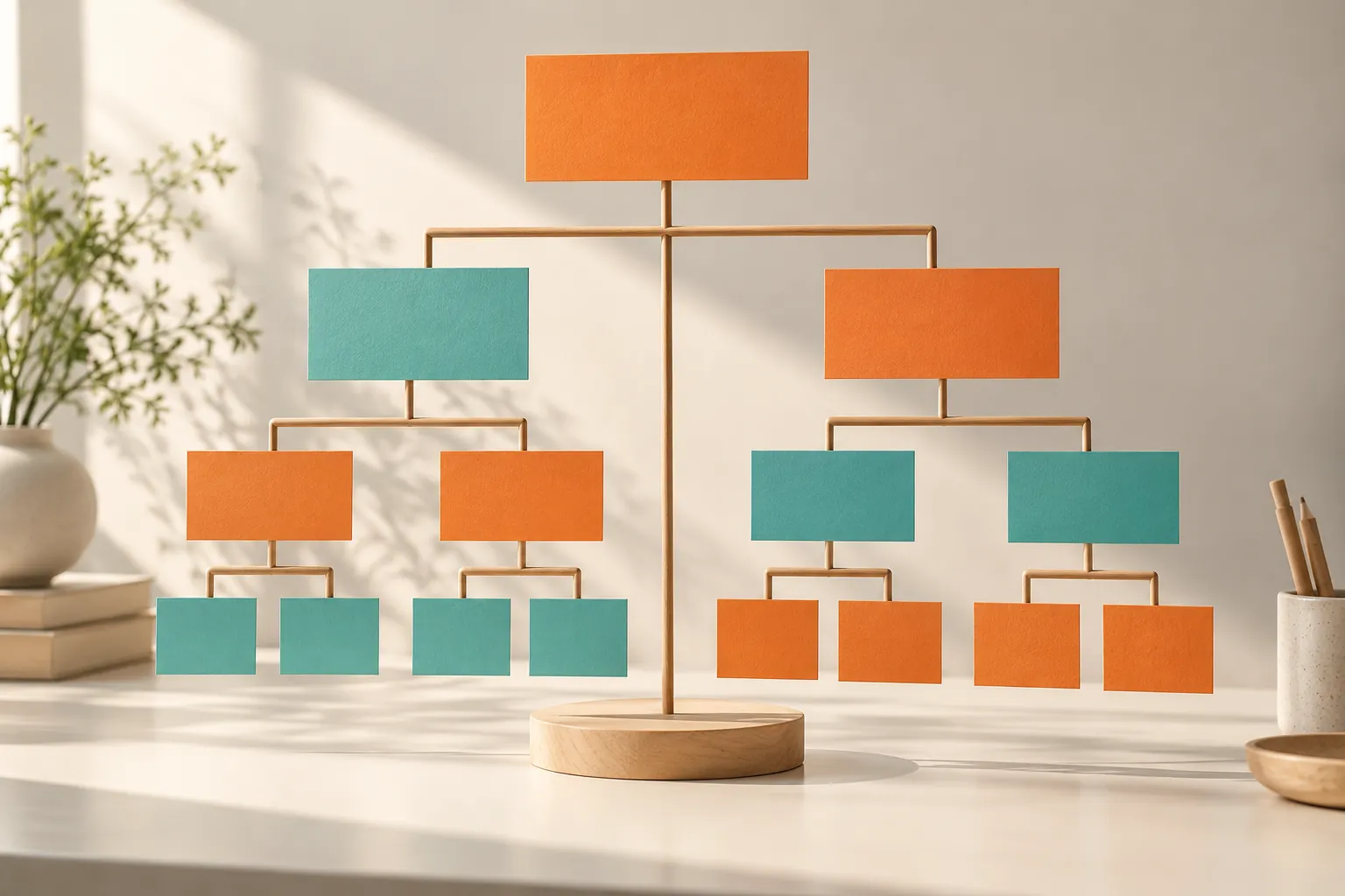 Orange and teal cards arranged as a branching hierarchy in a sunlit studio.