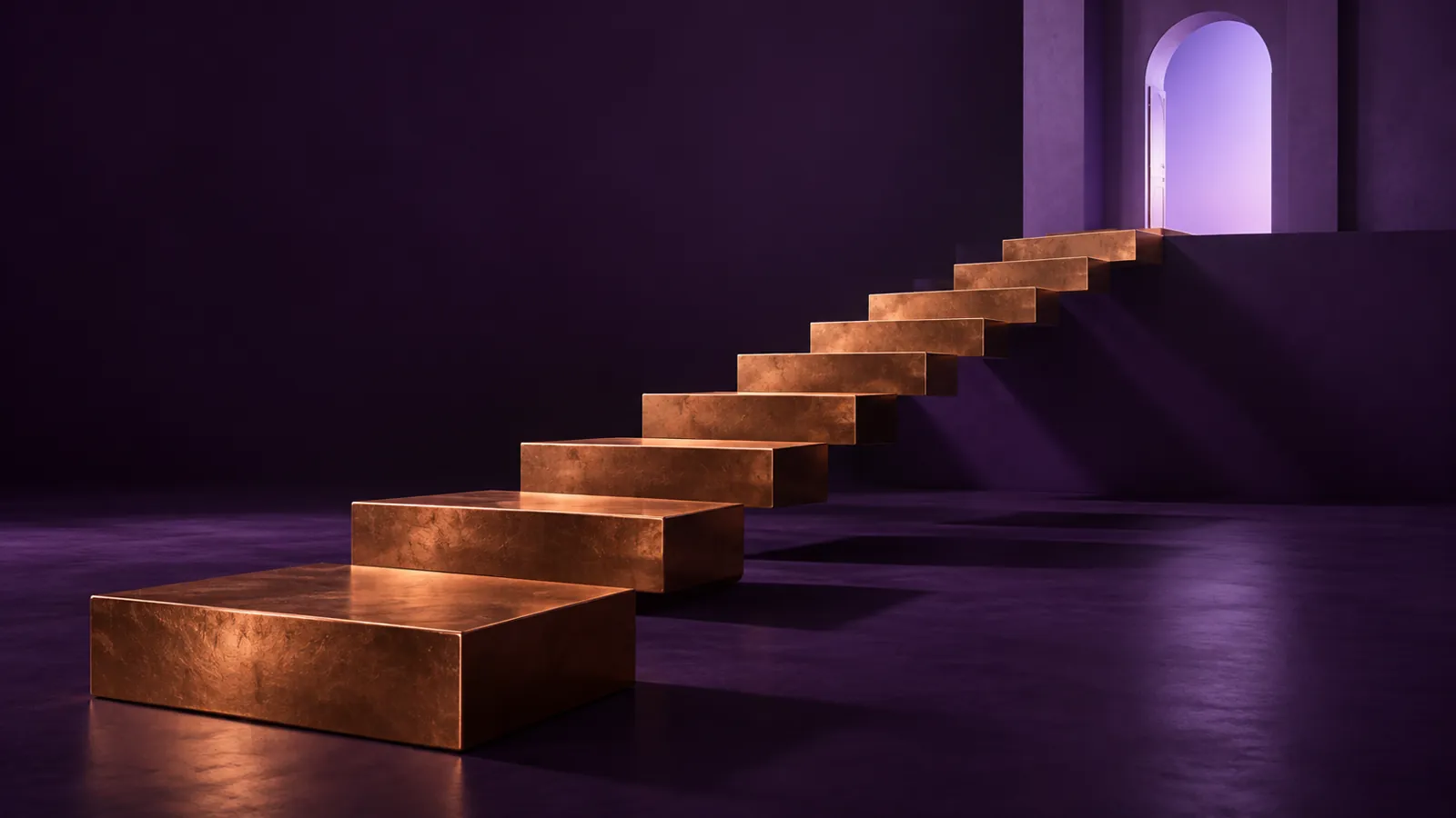 Conceptual copper route ascending towards a lavender doorway, illustrating navigation rather than search-performance data