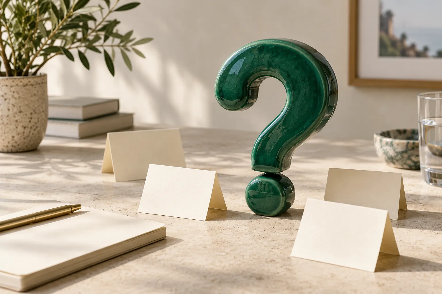 Green question-mark sculpture and blank cards on a sunlit cream desk