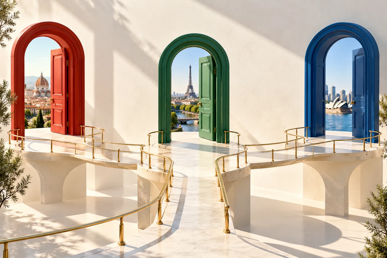 Three coloured architectural doorways joined by brass rails