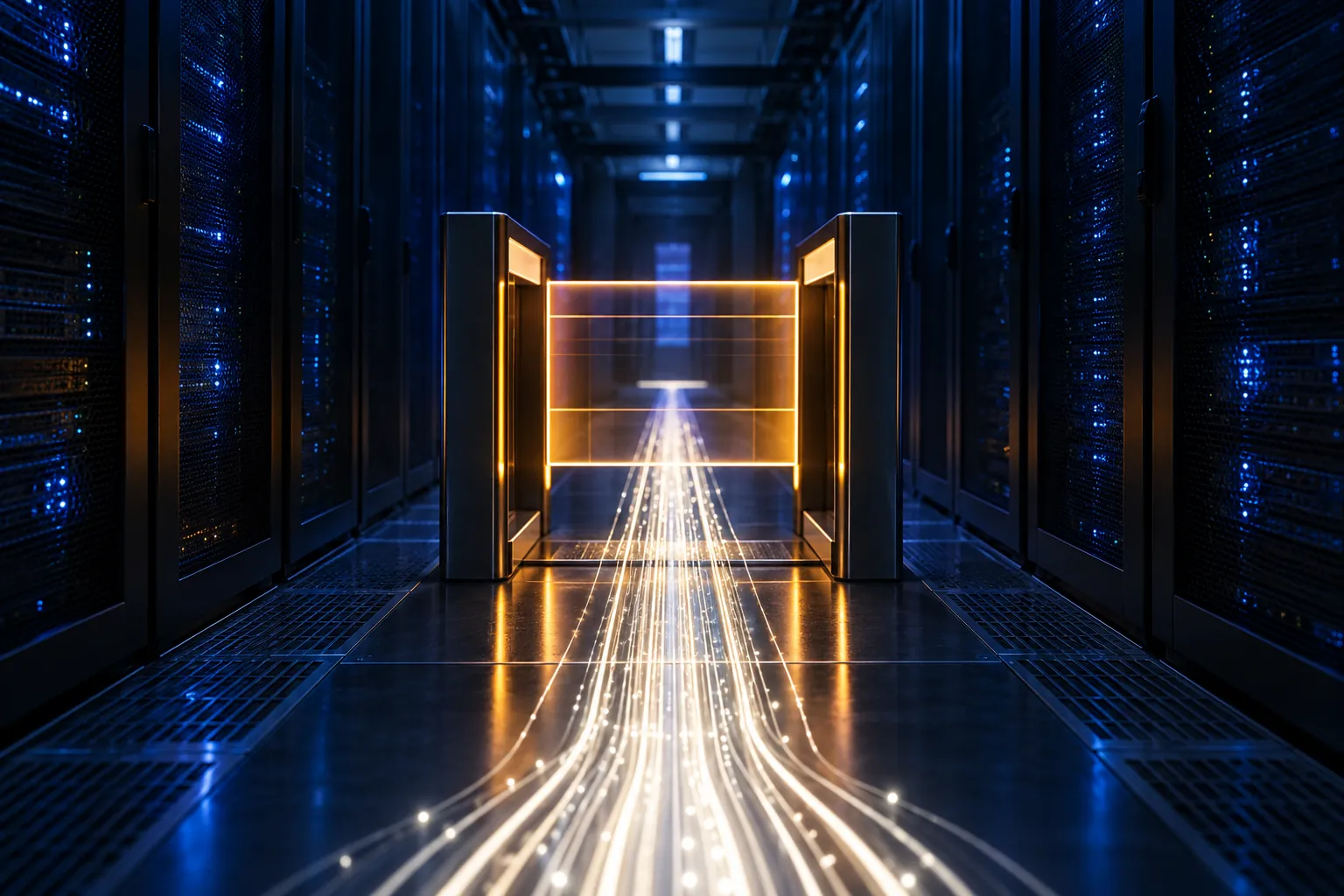Conceptual cobalt server corridor with an amber gate metering white light