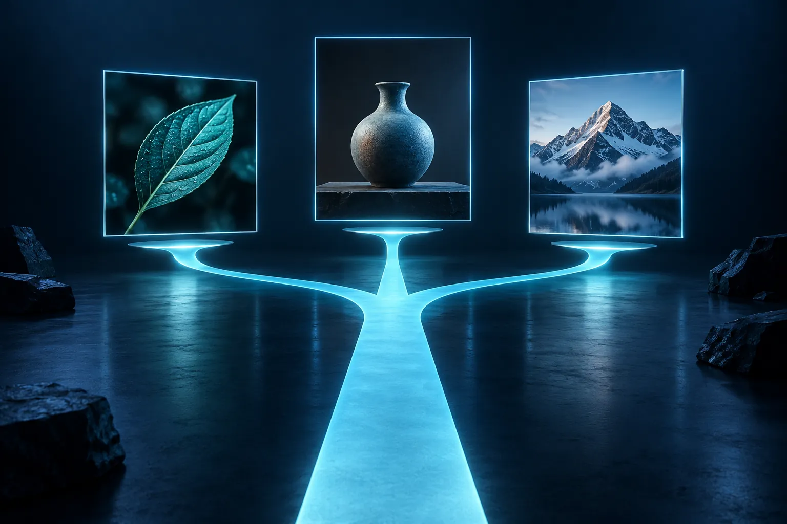 Glowing cyan paths connecting different framed images in a dark studio
