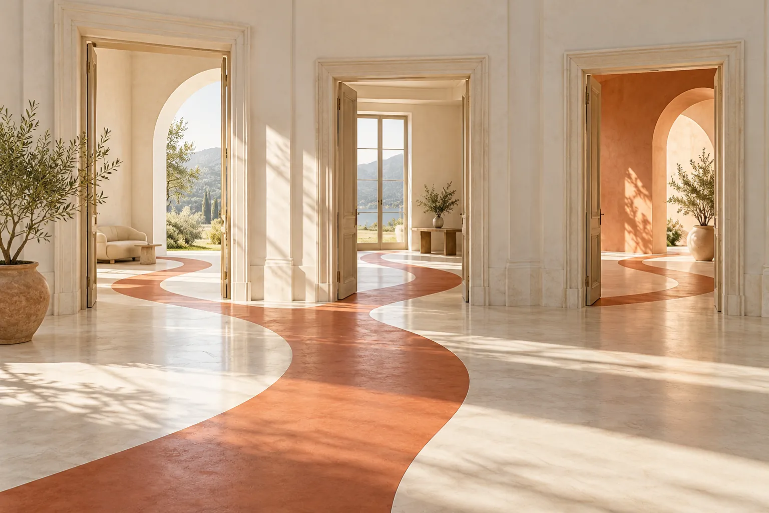 Open gallery doorways connected by a terracotta ribbon in bright daylight