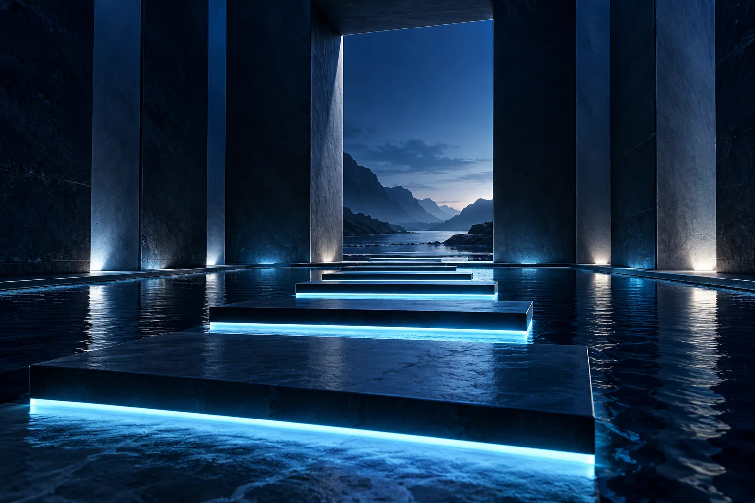 Concept illustration: Cyan stepping platforms through a portal in a midnight navy corridor