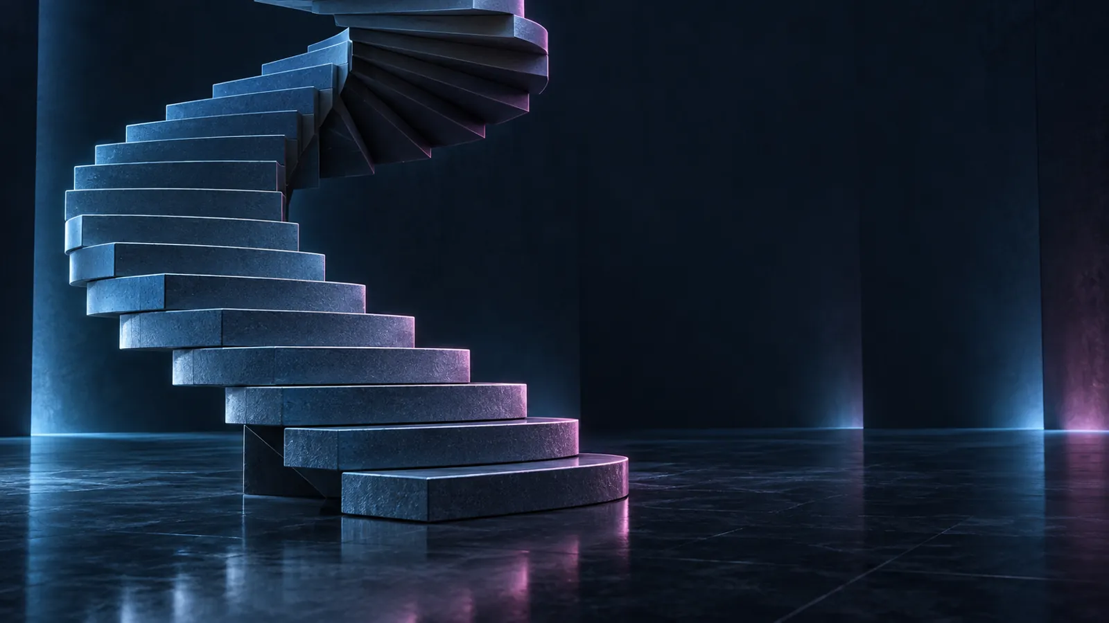 Conceptual spiral staircase of connected page-like slabs, representing a sequence of discoverable pages