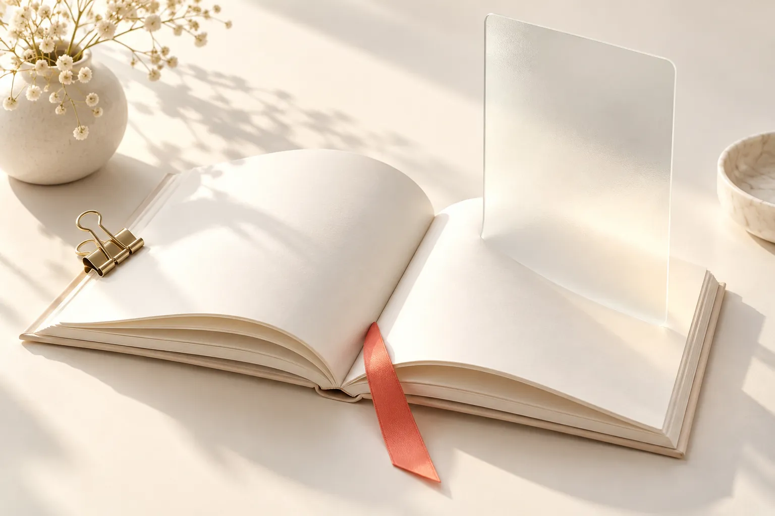 Conceptual blank report and translucent page on a bright desk, representing downloadable information