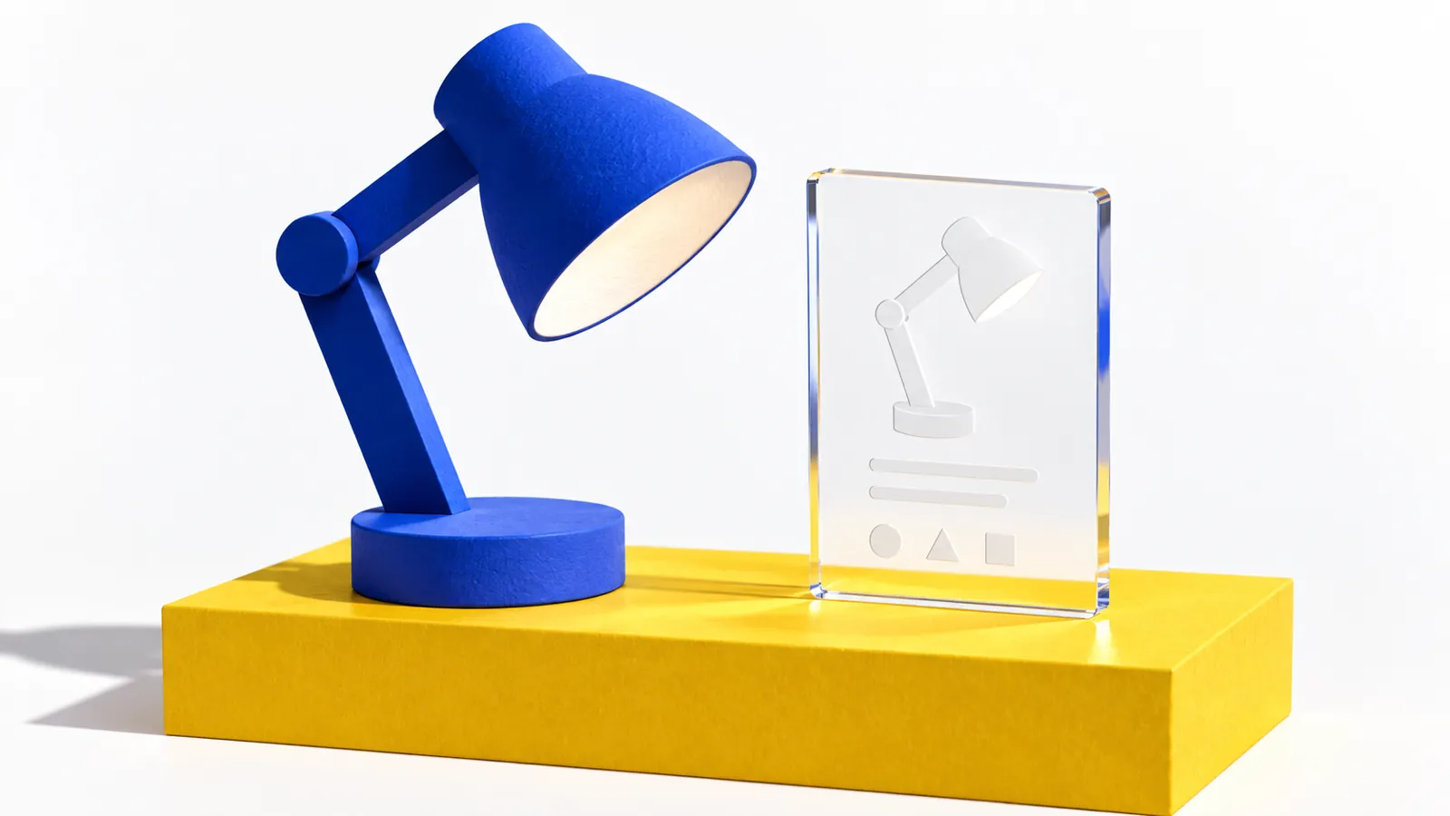 Conceptual blue lamp and blank glass information card on a yellow plinth, not a real product listing