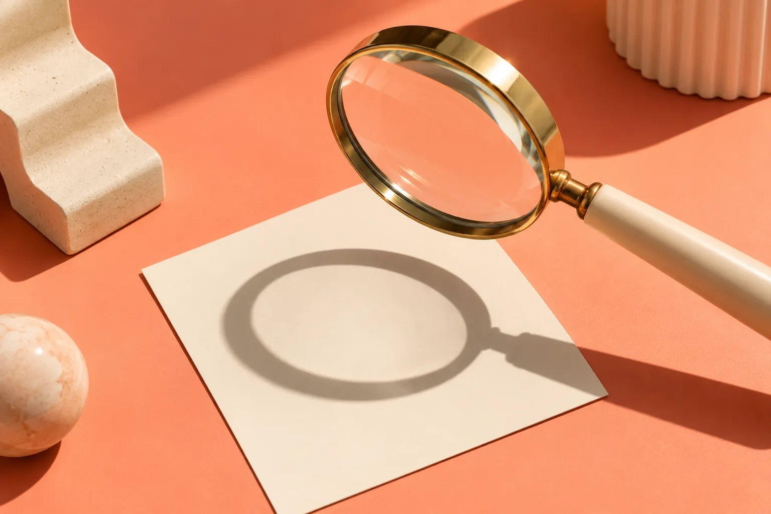 Gold-rimmed magnifying glass above blank paper on a coral surface