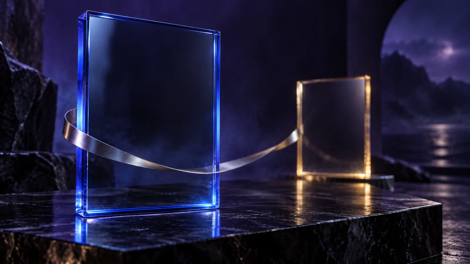 Conceptual blank glass nameplates illustrating the distinction between a page title and a search title link