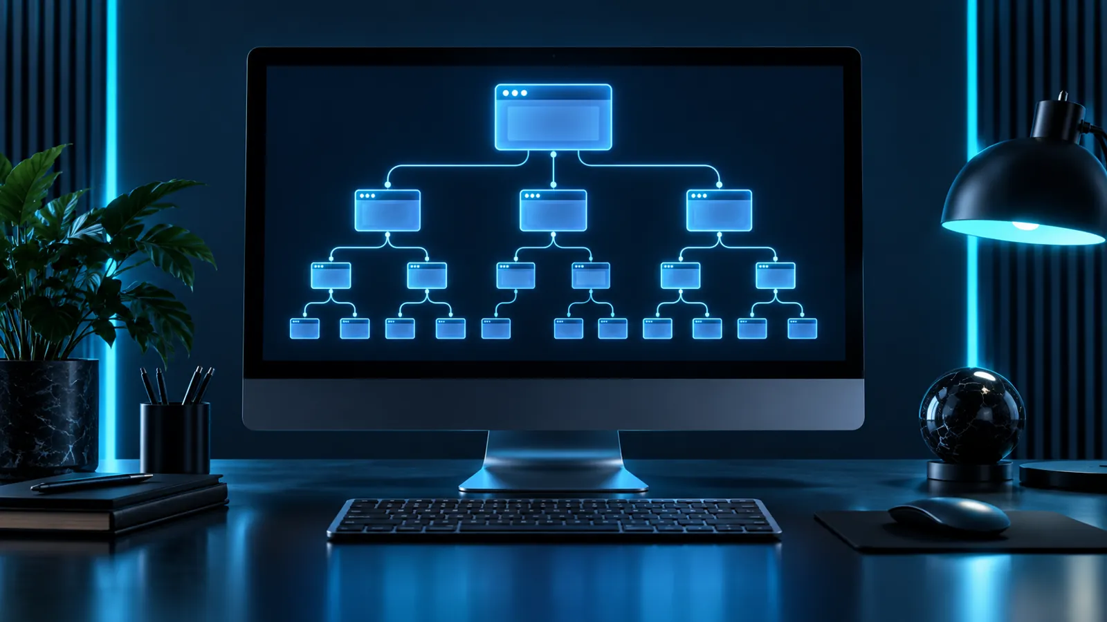 Abstract sitemap visual on a desktop monitor in a navy studio